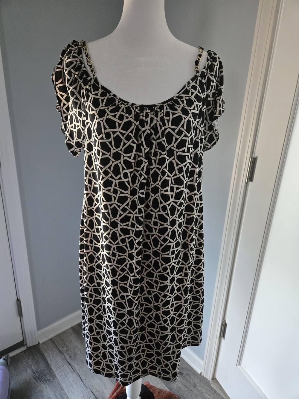 Black & Cream Geometric Midi Dress with Chain-Detail Straps